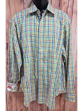 Robert Graham Mens Multicolor Check Slim Fit Shirt 2XL Embroidered Details